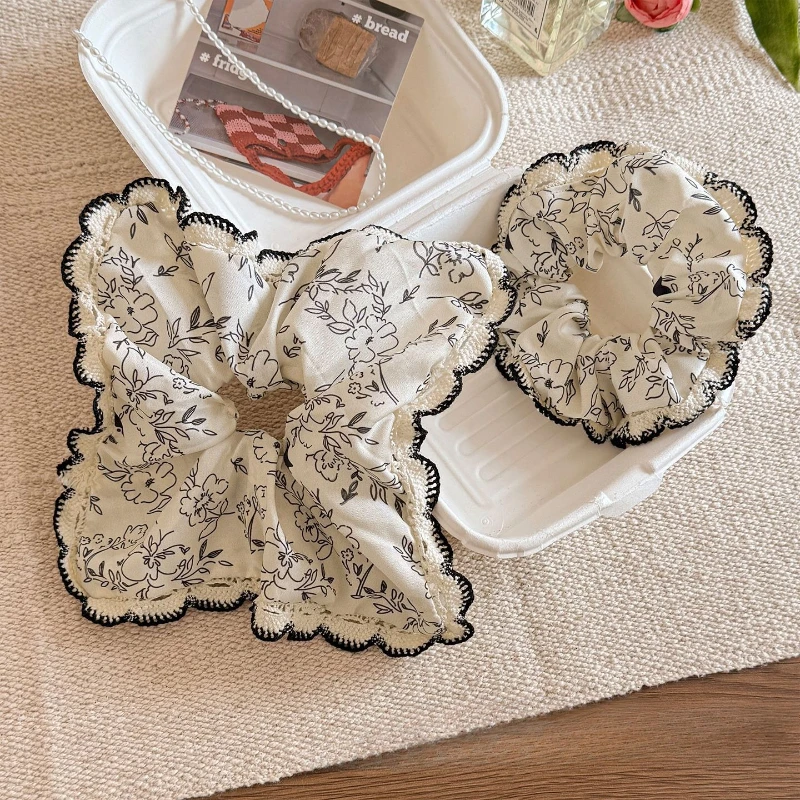 

French-style Floral Scarf with Lines Large Hair Band Women Hair Tie Elegant Ponytail Headwear Band Gentle Hair Accessory