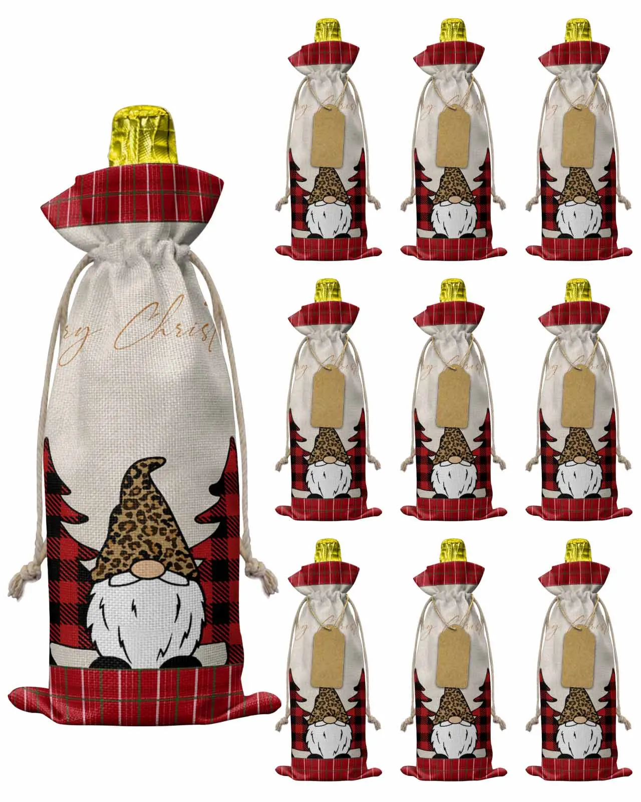 10pcs Christmas Plaid Lace Decoration CartoonWine Bottle Bag with Drawstring Festive Party Decor Wine Bottle Covers Gift