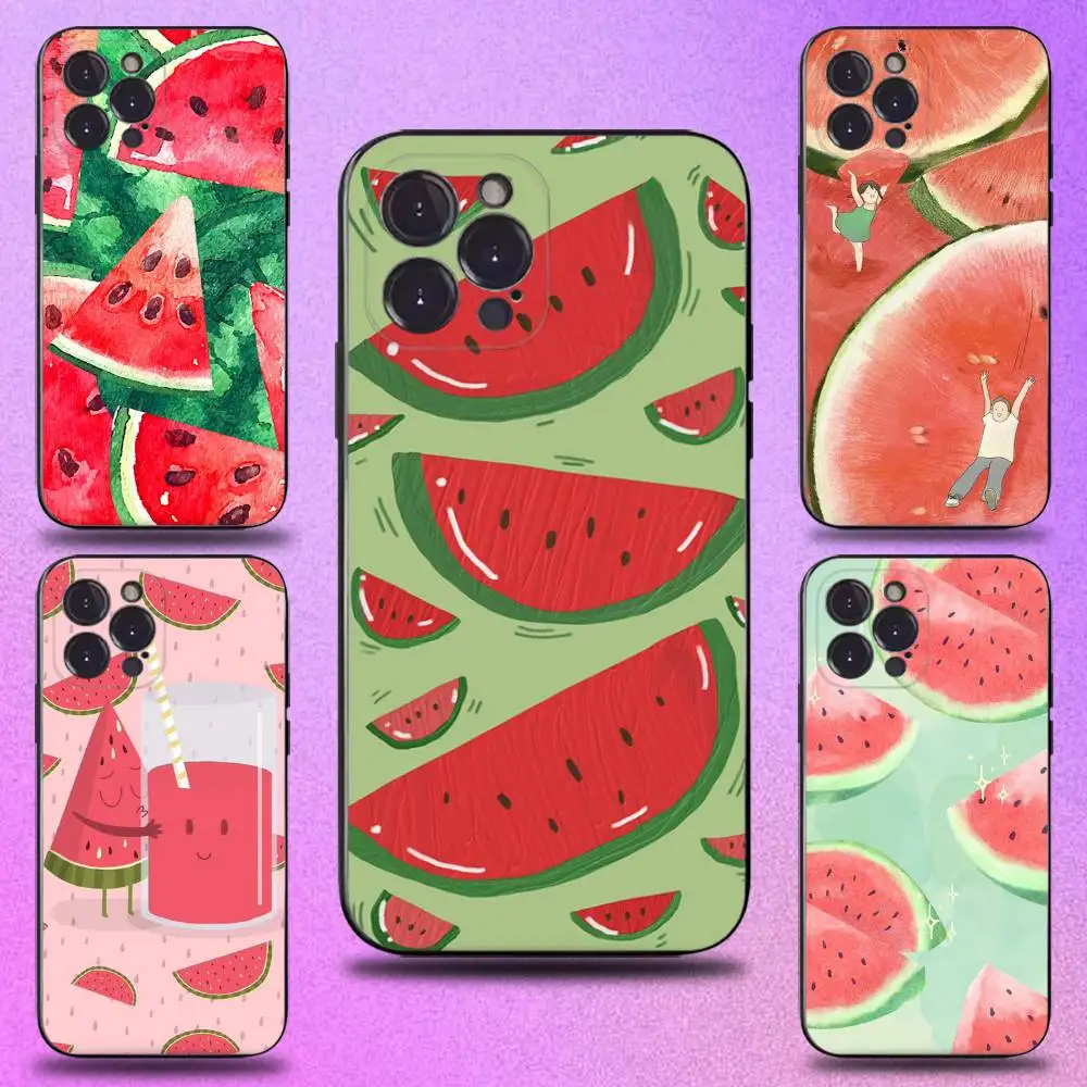 

Summer Cartoon Watermelon Phone Case For iPhone 16,15,14,13,12,11 Plus,Pro Max,XS,X,XR,SE,Mini,8,7,Soft Silicone Black Cover