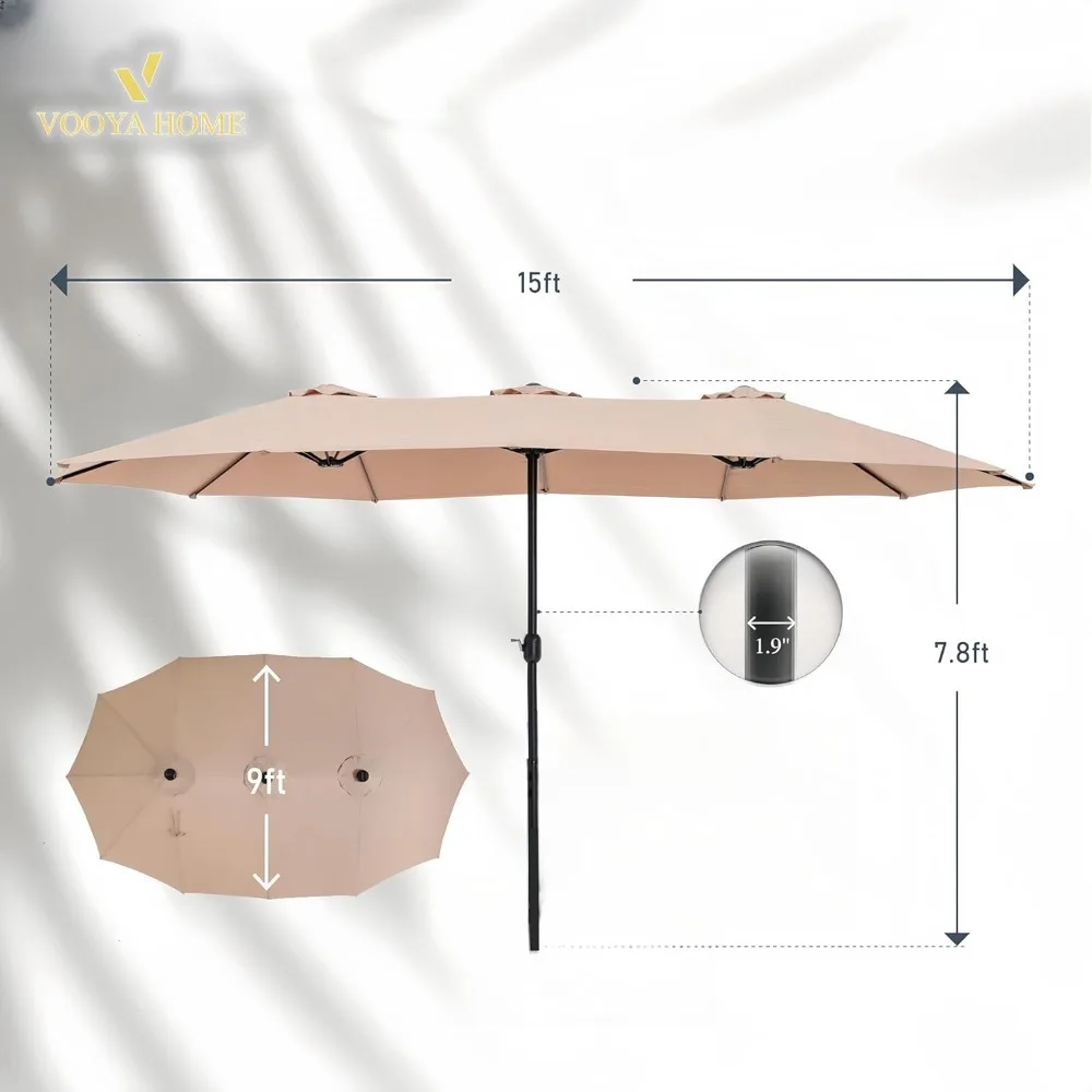 15ft Large Patio Umbrella with 3 Solar panels, 48 Solar LED Lights Base NOT Included, Outdoor Double-Sided Rectangle Market