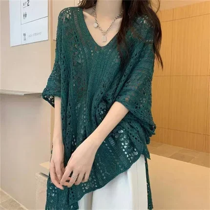 Korean Reducing Age Top Slimming Fashionable Cut Out Knit Shirt Women Summer T-shirt Versatile Cover Up Clothes