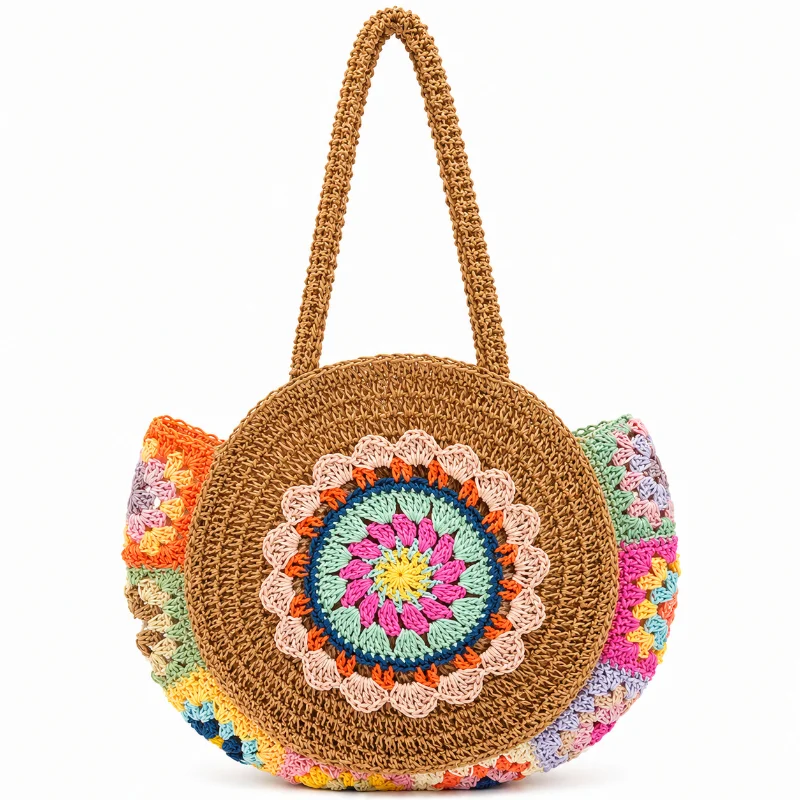 Women Round Straw Shoulder Bag Ethnic Style Large Capacity Woven Beach Vacation Handbag