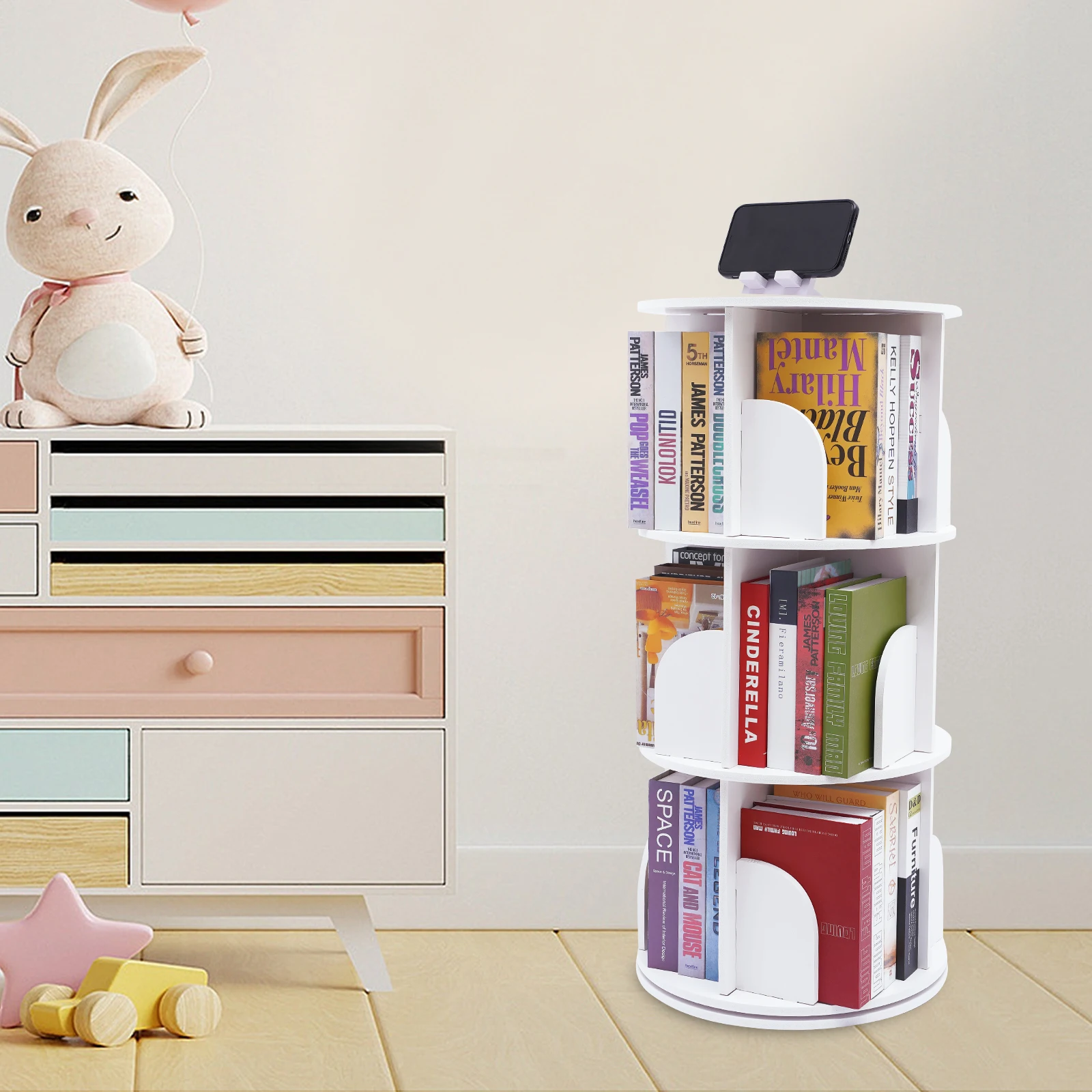 

3-Tier 360° PVC Rotating Stackable Shelves Bookshelf (White) for Bedroom Living Room Indoor Small Corner Bookshelf