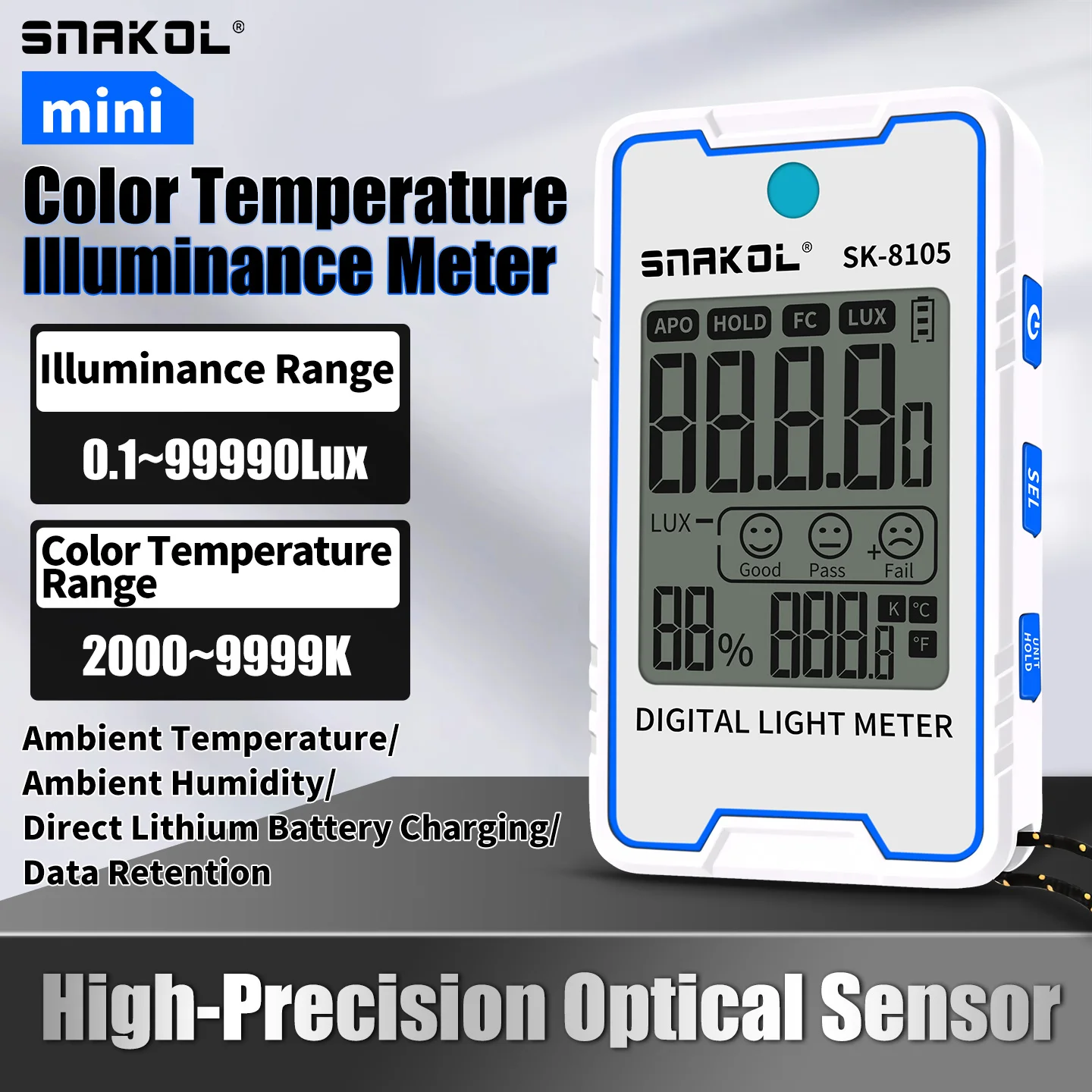 SNAKOL SK-8105 Light Meter Portable Mini Digital Illuminance Meter with Ambient Humidity and Temperature Meter Lux Tester