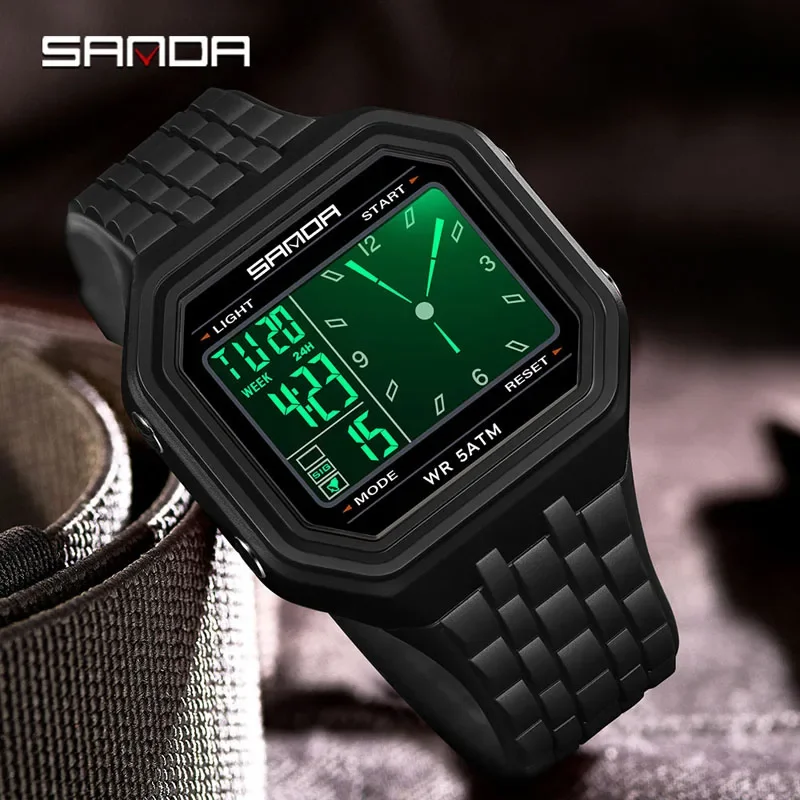 SANDA New Men Analog Pointe Digital Watch 5Bar Waterproof LED Luminous Multi Functional Student Dual Display Sport Wristwatch