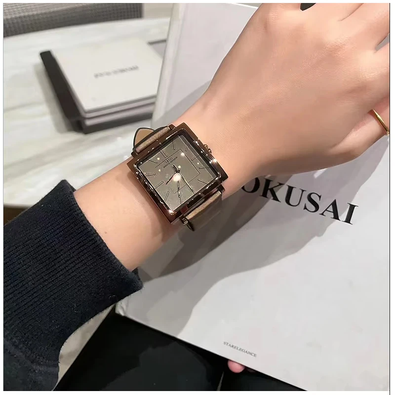 Fashion Women Square Watch Leather Brown Waterproof Vintage Quartz Hand Clock Female Exquisite Original Luxury Wristwatch Ladies