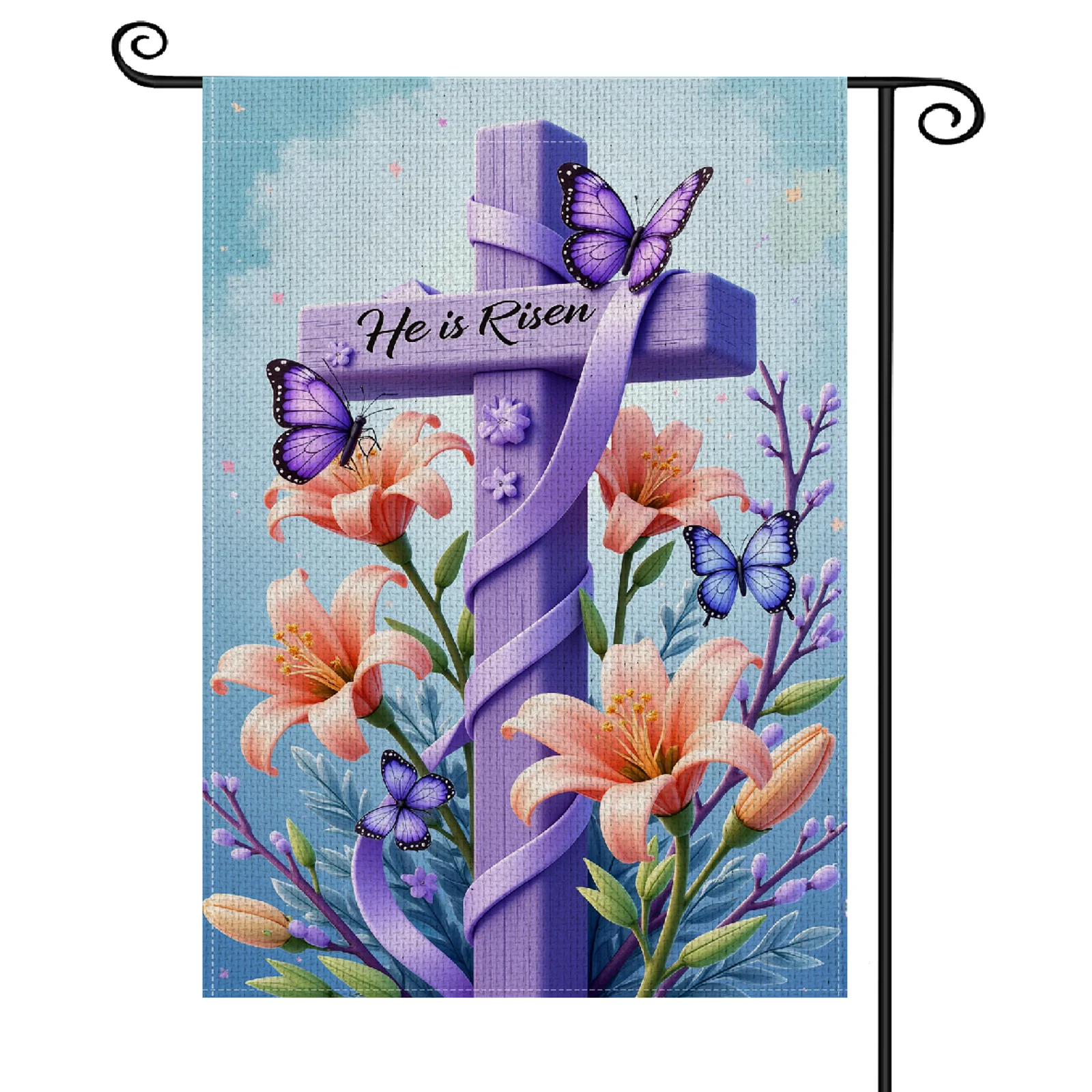 Pastel Tone He is Risen Garden Flag Lily Floral Pattern Religious Garden Banner Butterfly Accent Purple Cross Design Easter Yard