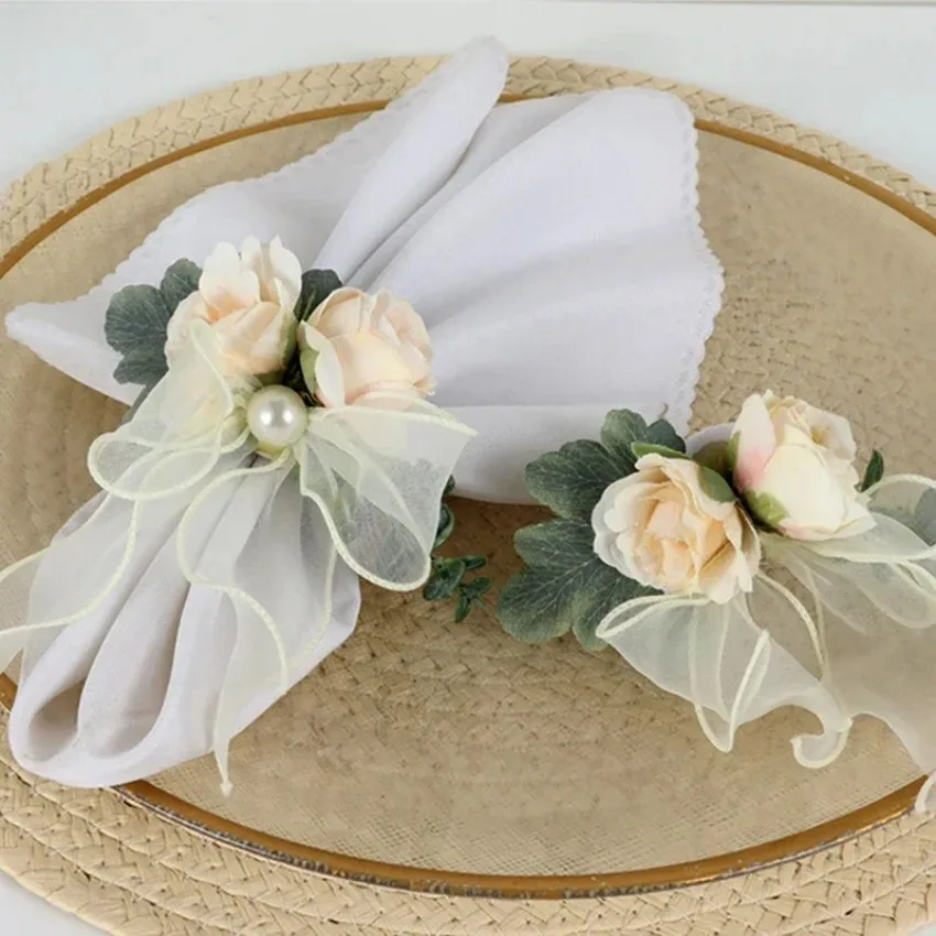 

6/12PCS Silk Simulation Pearl Napkin Holder Artificial Flower Napkin Rings Wedding Party Table Decoration Home Banquet Supplies