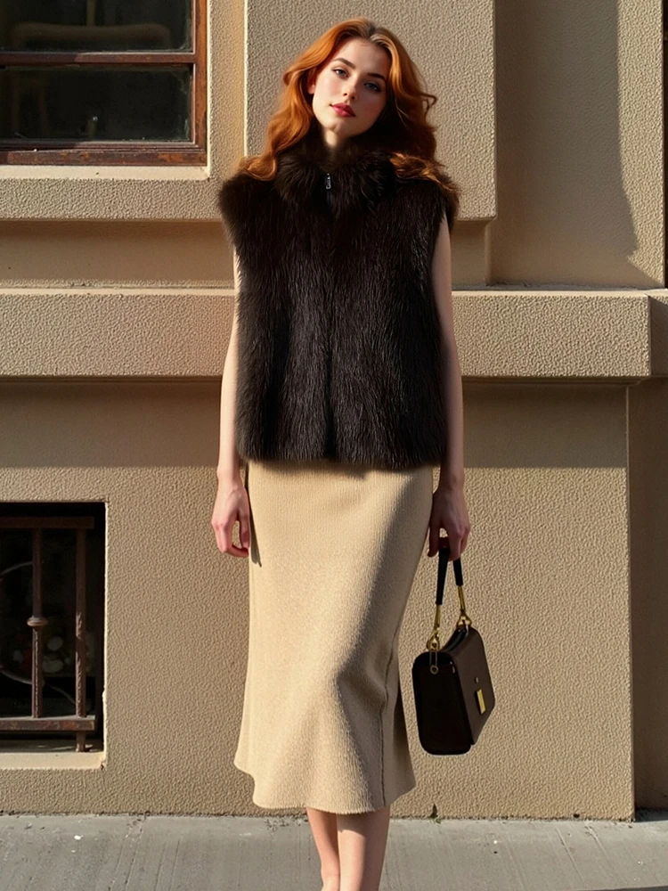 

HH Fashion Women's Brown Faux Fur Vest Top 2025 Winter Elegant Female Turtleneck Fluffy Sleeveless Zipper Waistcoat Outerwear