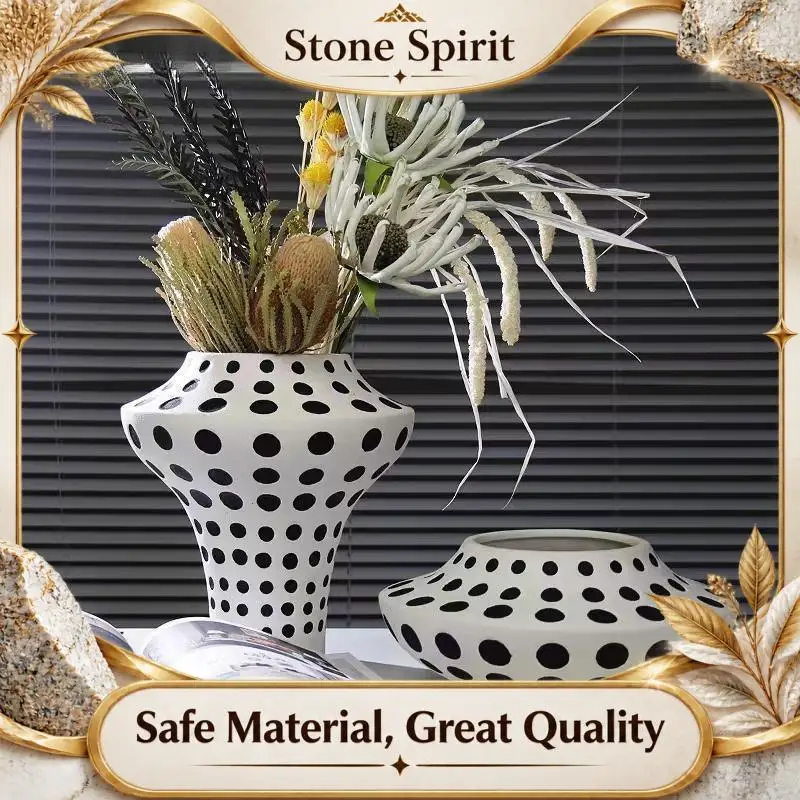 Hand Drawn Polka Dot Art Ceramic Vase, Wide Mouthed Flowerpot, Flower Arrangement Container, Desktop Vase, Home Decoration