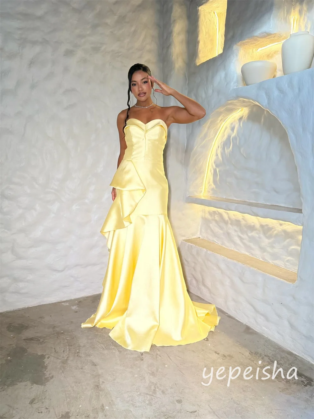 Personalizado modesto moda amarelo plissado ruched sereia sem alças vestidos longos vestidos de noite tamanhos disponíveis alta qualidade