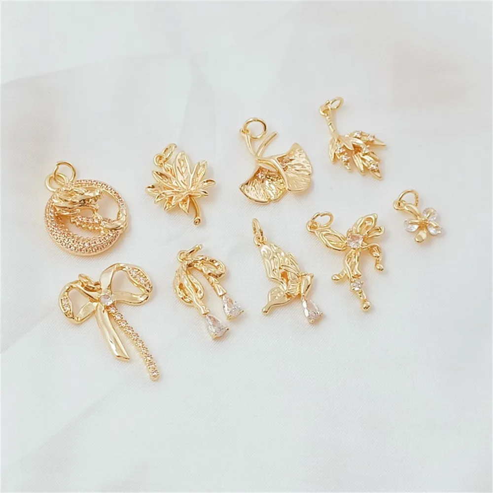14K Gold-plated and Zirconium-inlaid Maple Leaf Flying Saucer, Ginkgo Leaf Bow Dragon Pendant DIY Accessory