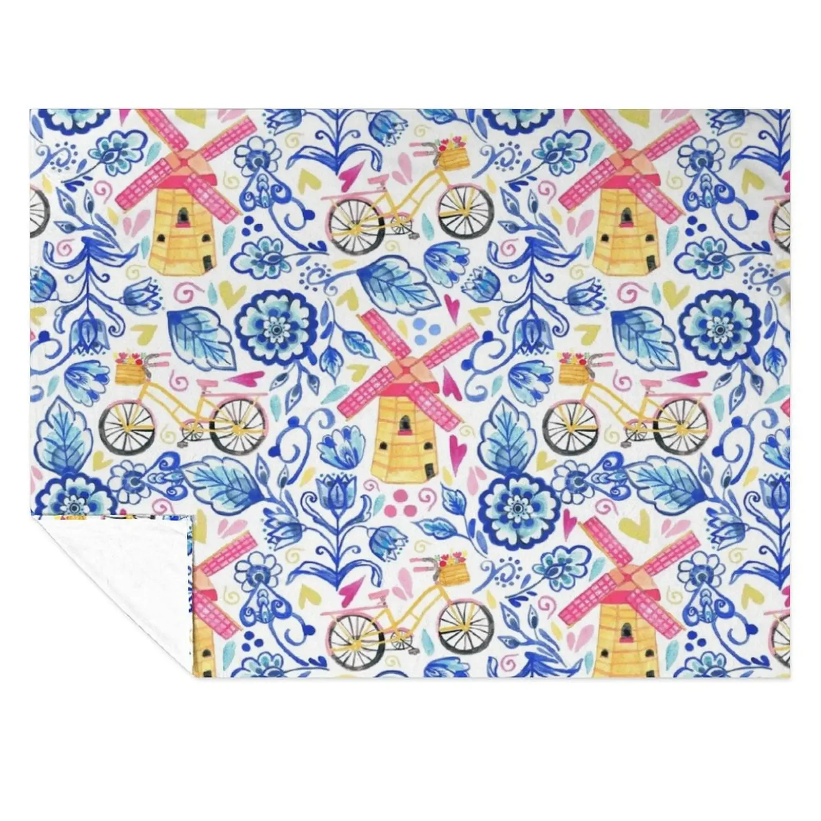 

Netherlands Whimsy - Delft, Bicycles & Ornamental Windmills Throw Blanket Hairys Thermals For Travel Tourist Single Blankets