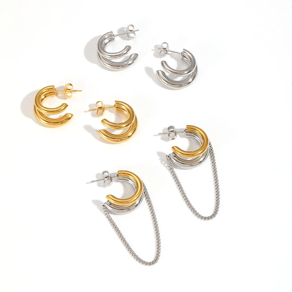 

Minimalist Stainless Steel Geometric double lines Stud Earrings for Women Waterproof Daily Jewelry Wholesale