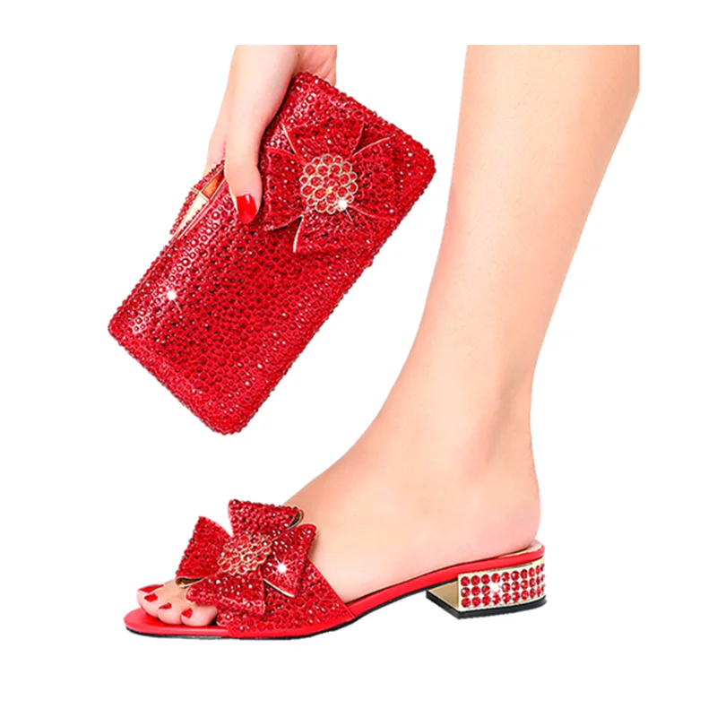 

Women's Low Heel Mule Sandals with Flower & Rhinestone Embellishment, & Comfortable, Wedding Party Clutch Set - Italian Design