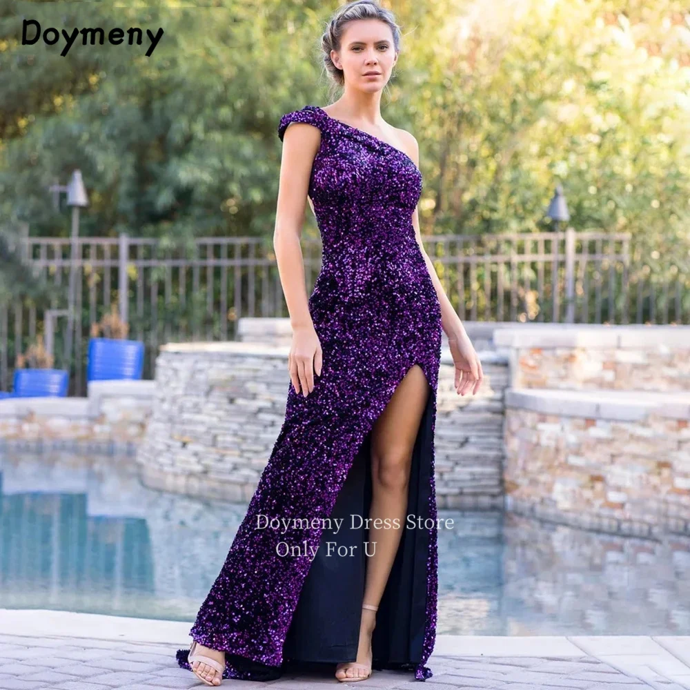 Doymeny-vestidos de noche de terciopelo con lentejuelas, sirena, un hombro, abertura alta, vestido de fiesta Formal