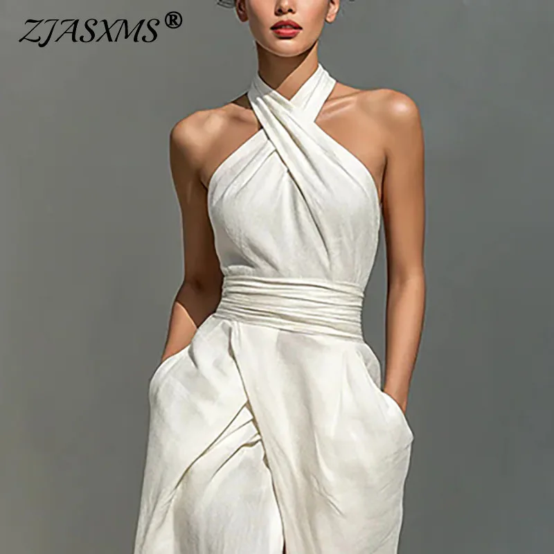 Women Sexy Off Shoulder High Waist Long Dress Spring Criss Cross Halter Hollow Boho Dress Summer Sleeveless Vacation Beach Dress