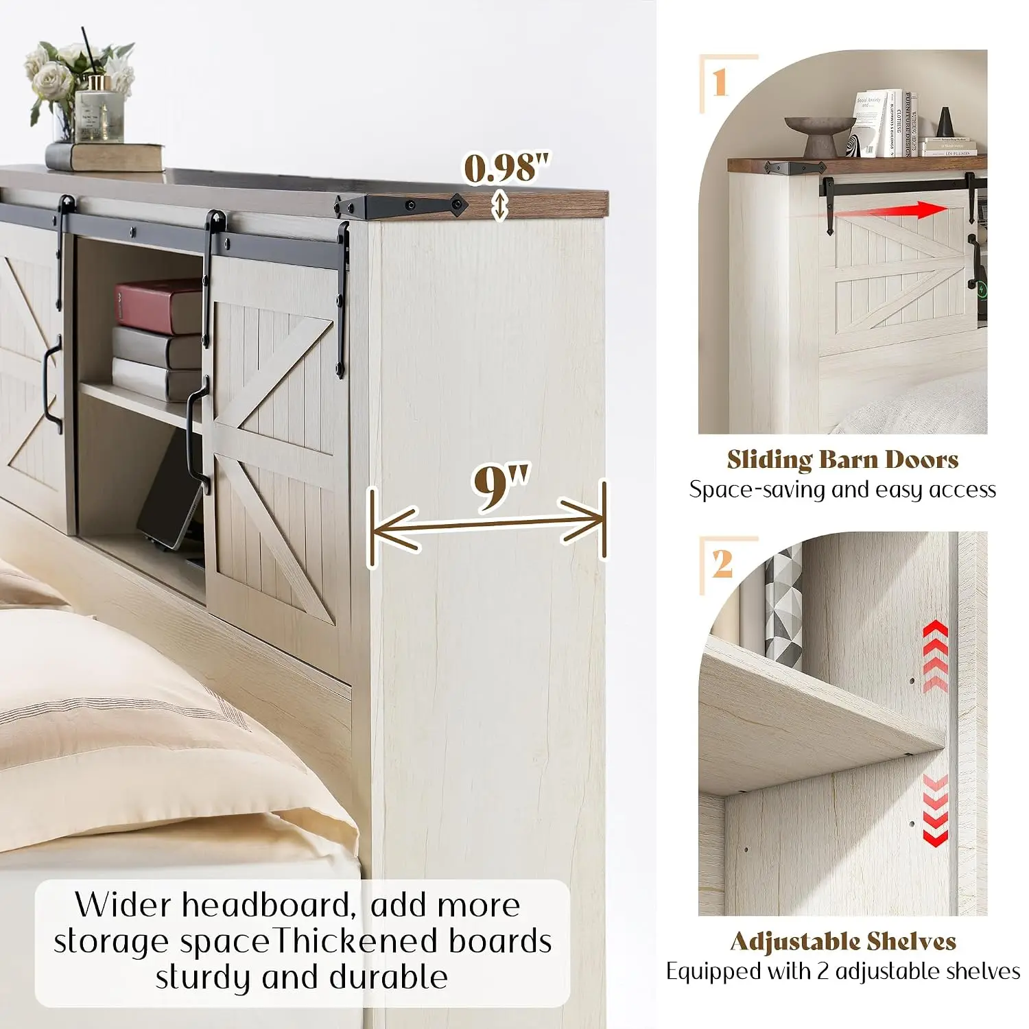 King Farmhouse Platform Bed Frame with Storage Headboard, Custom view 4