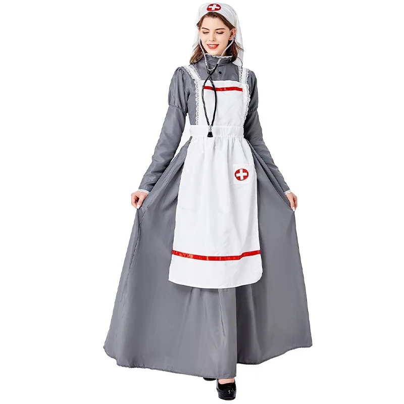 Medieval Retro Nurse Costume loween Cosplay Role-plang Doctor Nurse Long Skirt Women's Ethnic Stage Costume Polyester