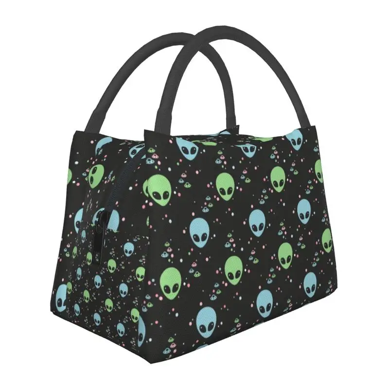 

Green And Blue Alien Heads With UFO Insulated Lunch Bag for Outdoor Picnic Sci Fi Space Resuable Thermal Cooler Lunch Box Women