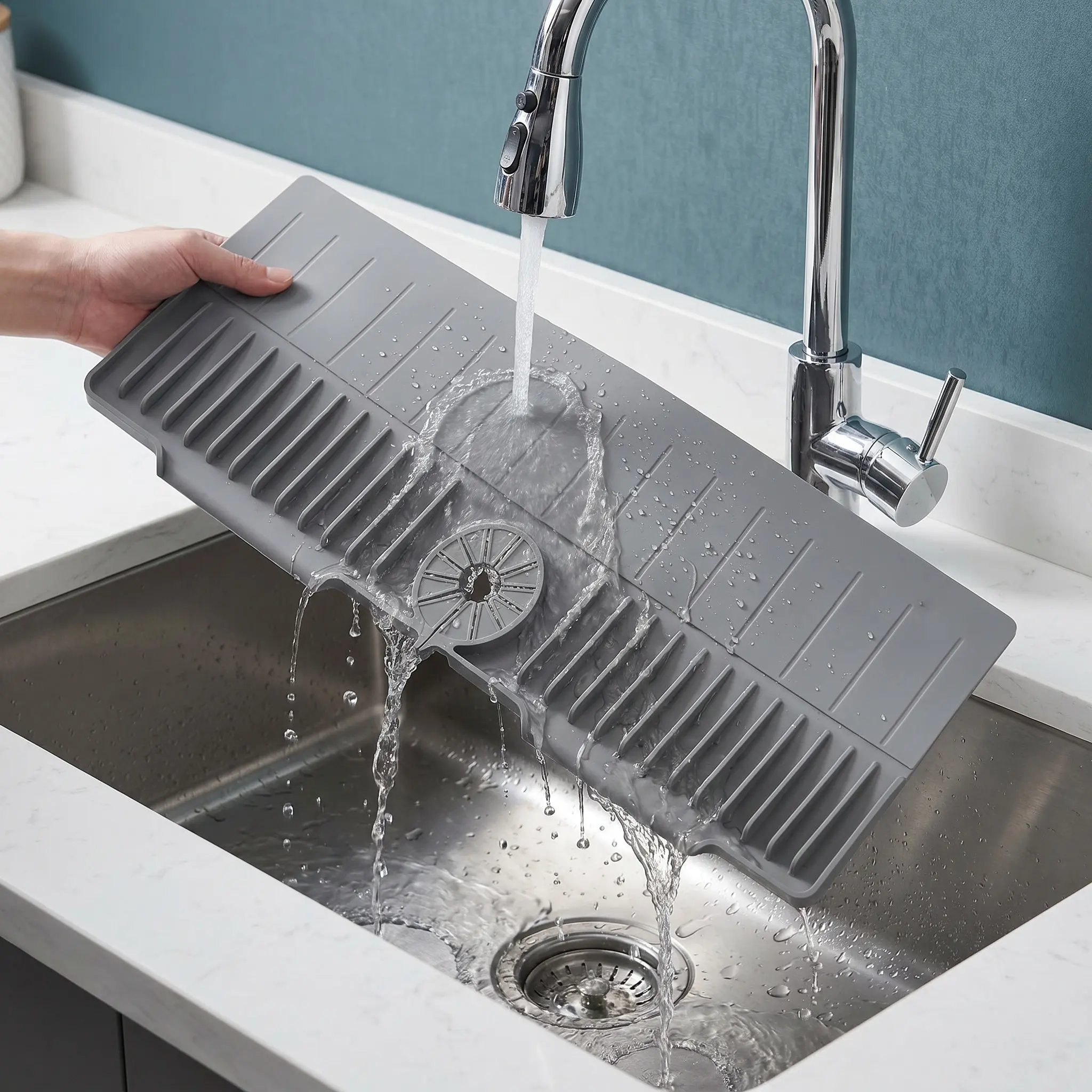 Silicone Faucet Drip Catcher Tray Mat 24x9 Sink Splash Guard Suction Cup Splashstopper Farmhouse Kitchen Sink Edge Guard Water view 2