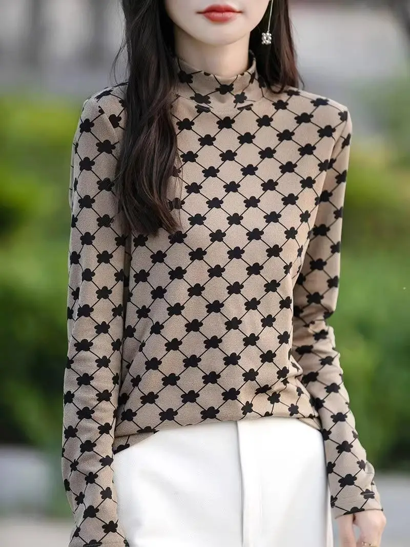 Double-Sided Velvet Print fling High Ne Long Sve Women's Base irt Warm Thermal Inner Wear Top for Autumn Winter