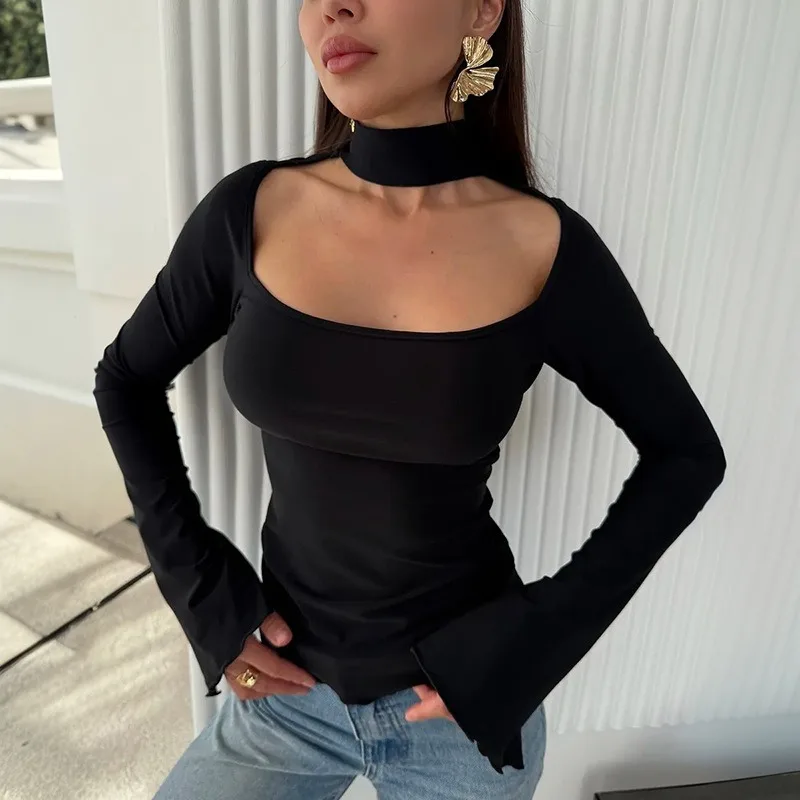 

Talenza Elegant Halter Neck Top Women Fashion Hollow Out Slit New Sexy T-Shirts Spring Autumn Party Looks Streetwear Female Top