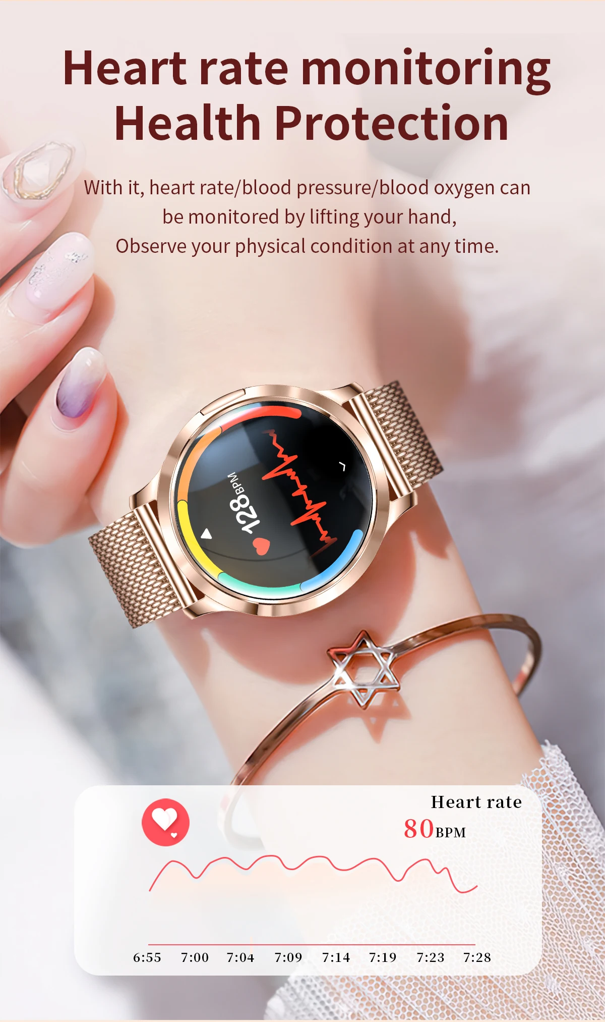 Neue Damen-Smartwatch, 1,32 Zoll, AMOLED, voller Touchscreen, Bluetooth-Anruf, Blutdruck, IP68, wasserdicht, NFC, 7,3 mm, ultradünnes Armband – Detail 9