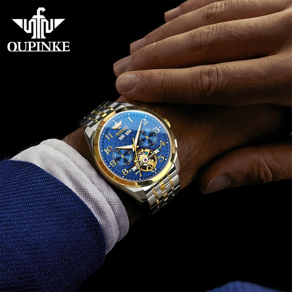 OUPINKE 3263 Flywheel Hollow Men Watch Luxury Brand Tungsten Steel Waterproof Calendar Watch All Automatic Mechanical Watch Gift