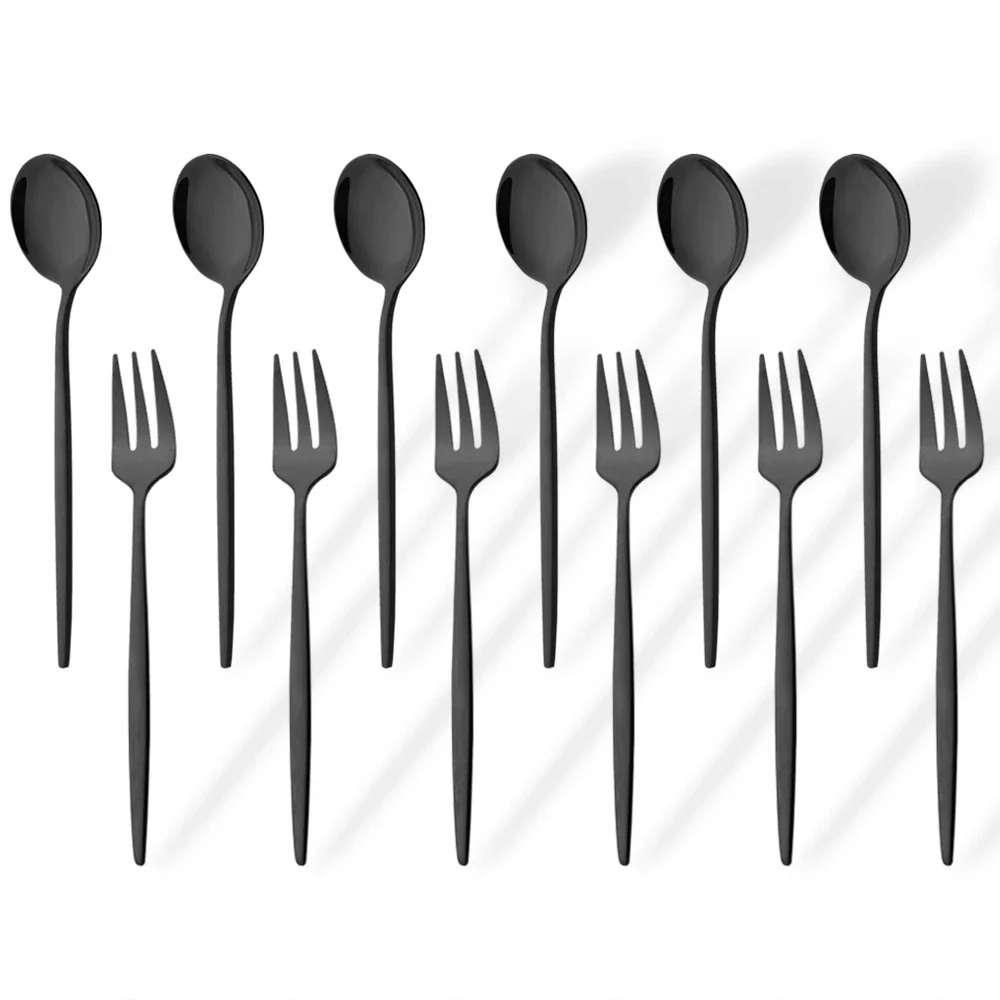 12Pcs Cake Fork Teaspoon For Coffee Black Ice Cream Spoons Stainless Steel Dinnerware Cutlery Kitchen Tableware Accessories