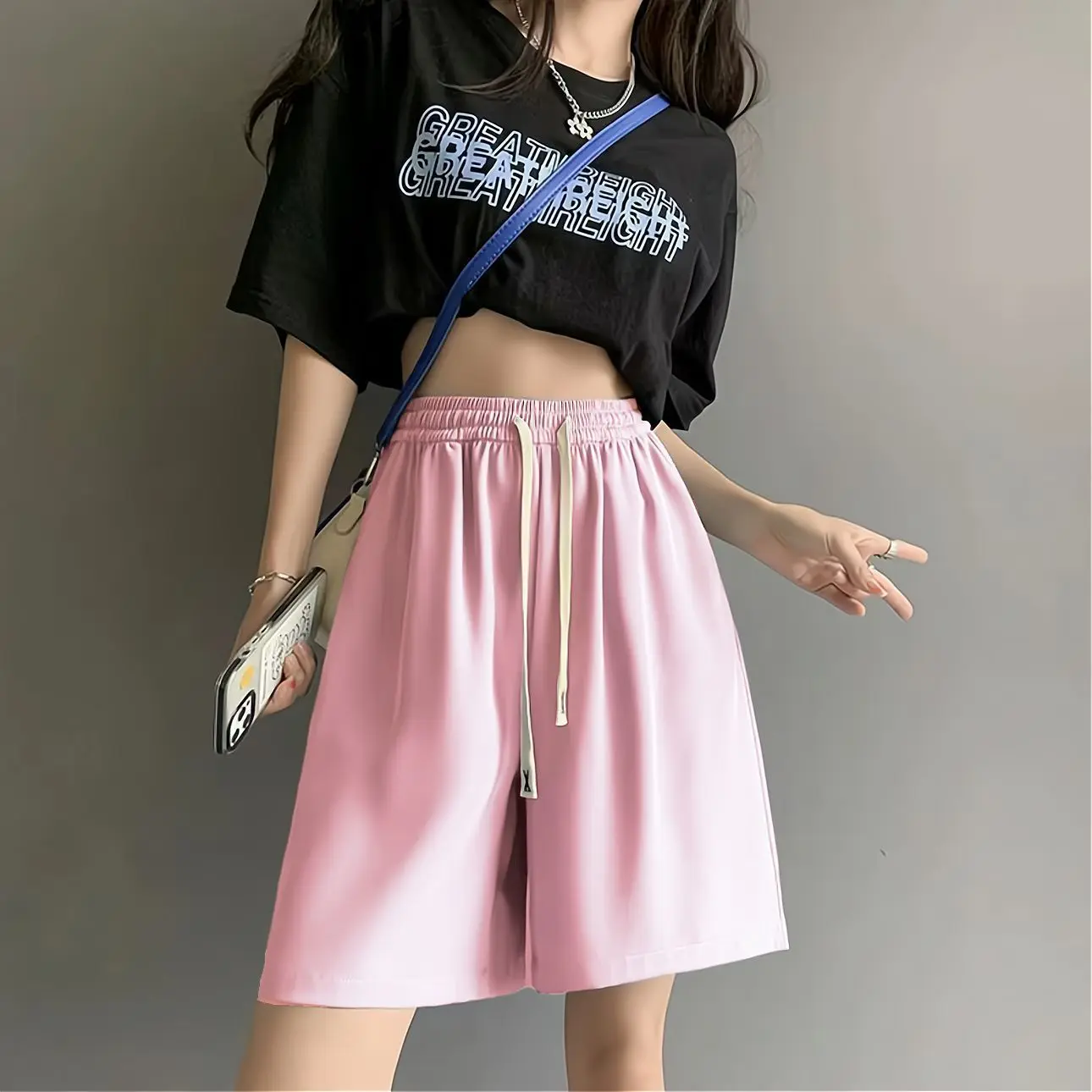 여름용 얇은 루즈핏 캐주얼 여성 스포티 아이스 실크 반바지 하이웨이스트 단색 드로스트링 잠옷 5부 반바지