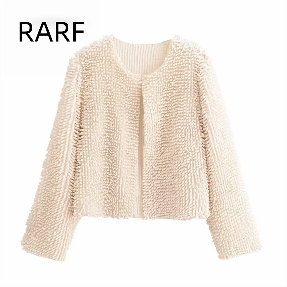 

2024 autumn new women's clothing retro loose casual versatile simple round neck long sleeved plush jacket