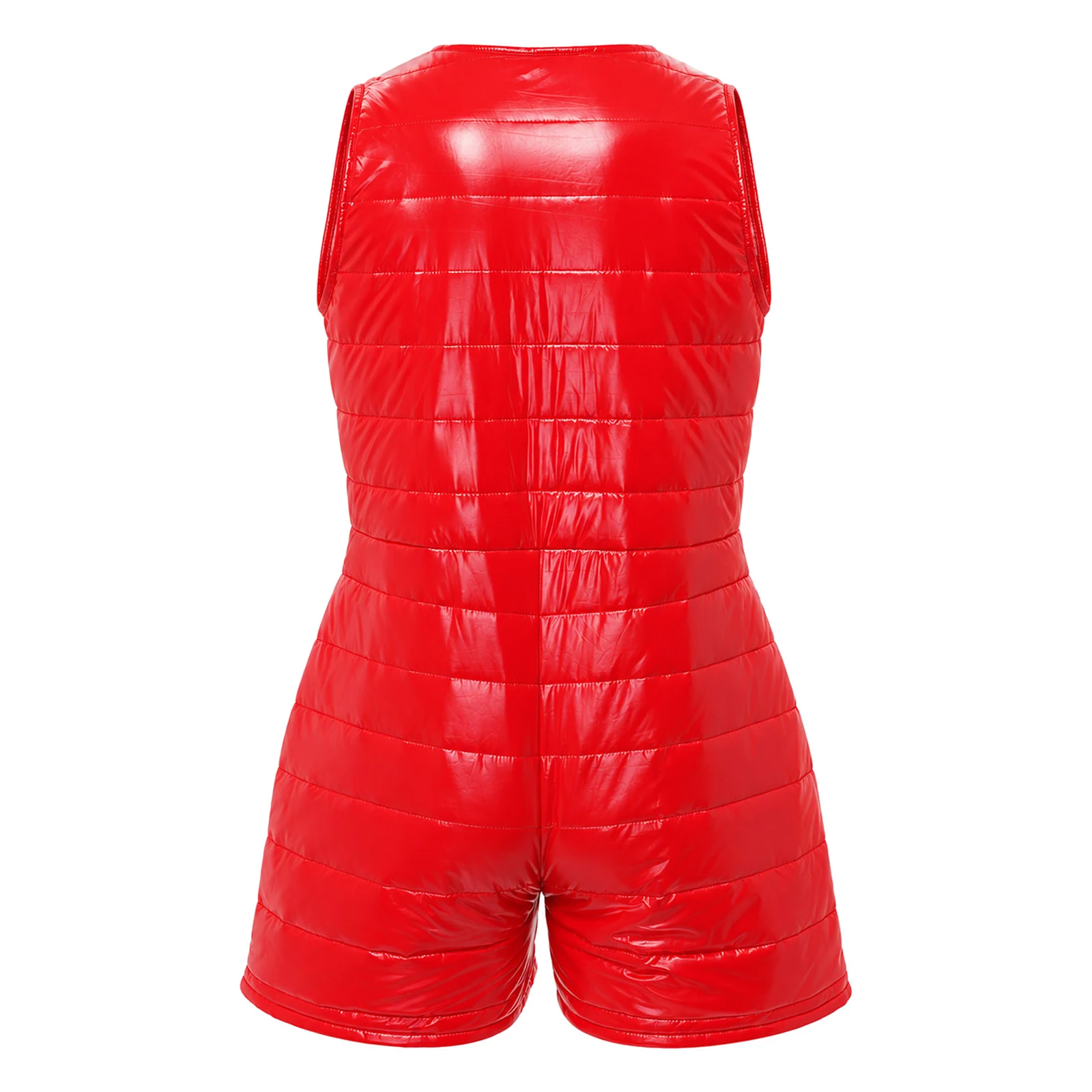 Mens Shiny Quilted Padded Short Jumpsuit Sleeveless Front Zip Padded Water-resistant Romper Nightclub Performance Boxing Costume view 5