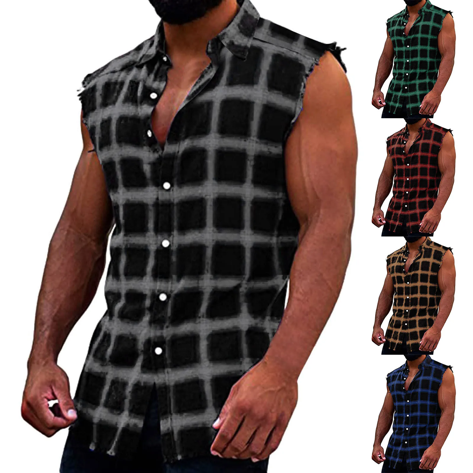 Mens Sleeveless Flannel Tank Tops Casual Loose Button Down Cowboy Plaid Snap Shirts Plus Size Vest Camiseta Masculina Playeras