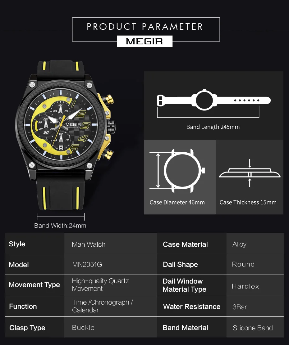 MEGIR Chronograph Sports Watch Men Silicone Military Watches Waterproof Date Clock Fashion Quartz Wristwatches Reloj Hombre 2051