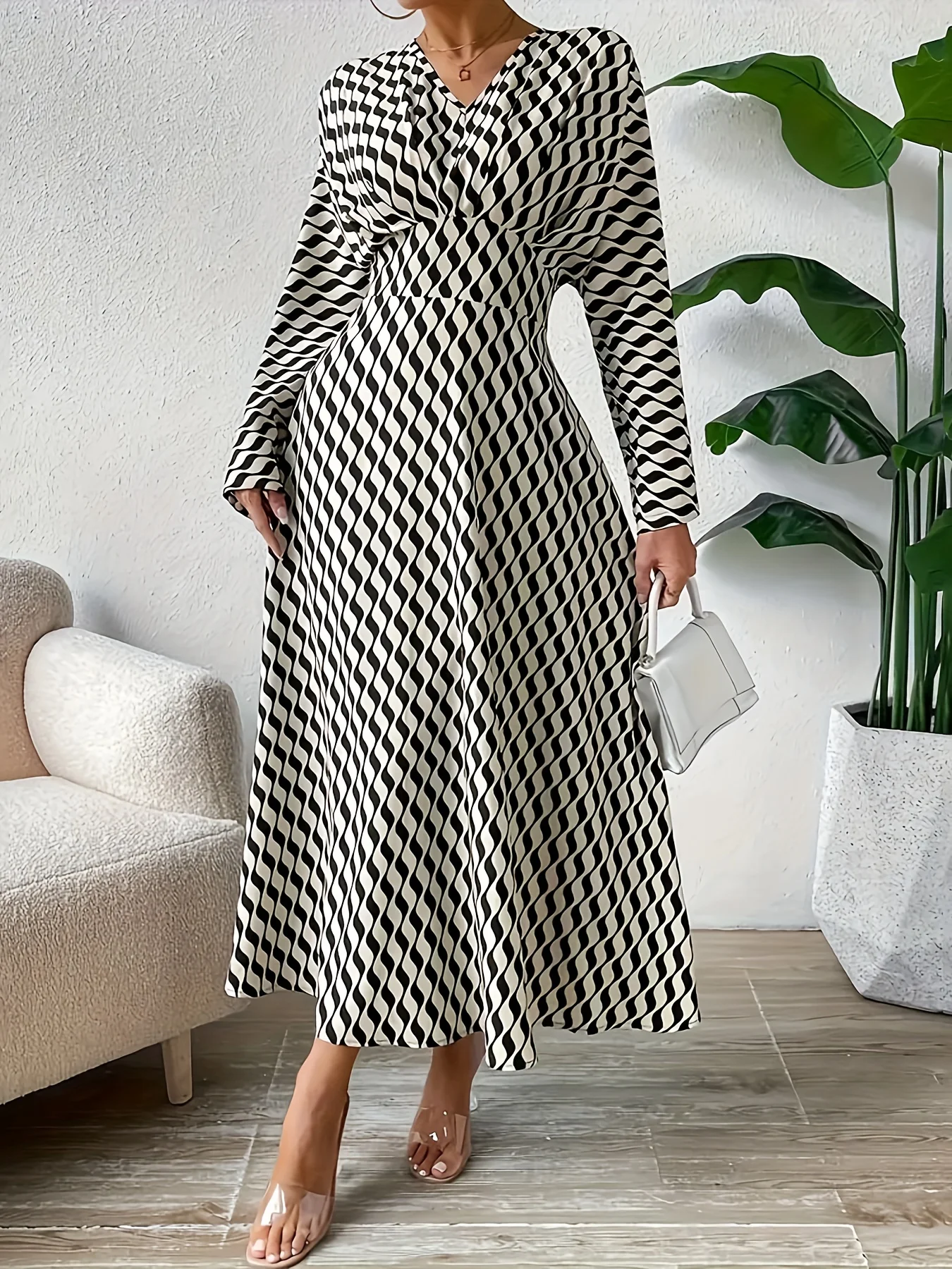 Plus size elegancka jesienno-zimowa sukienka z geometrycznym nadrukiem, dekoltem w szpic, długim rękawem, w talii, elegancka, temperamentna odzież