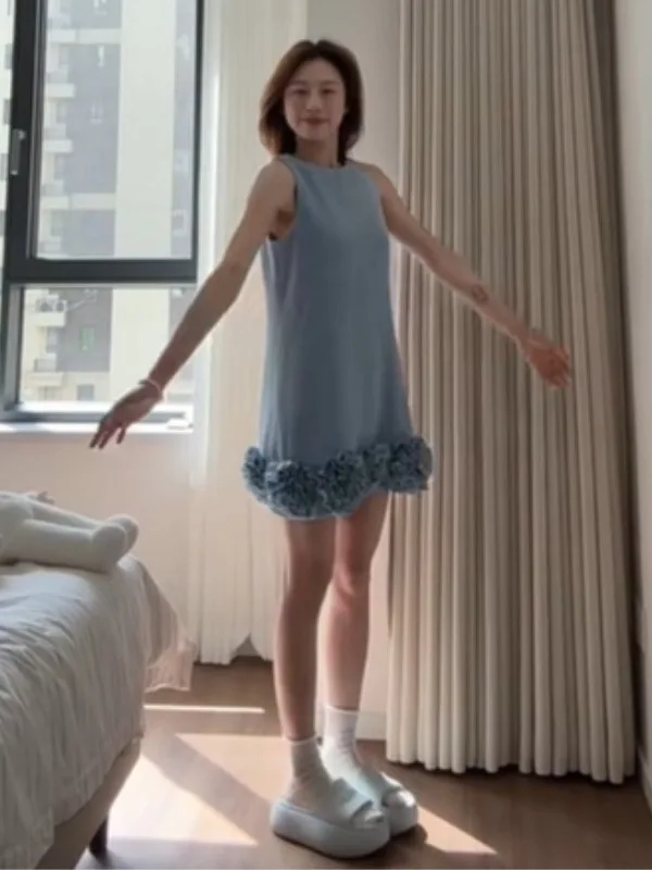 

Ele Svel Vest Dr Faionable French Sle Summer 2025 l Waist ort H-ape Skirt Single Piece round Ne