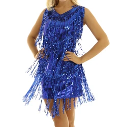 Women Salsa Latin Dance Dress V Neck Sleeveless Sparkling Sequins Tassel 1920s Flapper Dress Tango Ballroom Dancewear Costume