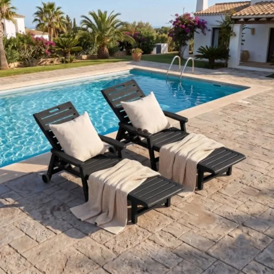 Outdoor Chaise Lounge Chairs, Waterproof Lightweight PP Resin, Beige, 5-Position Adjustable Backrest for Pool, Garden, Beach an
