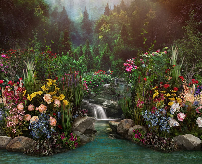 

Garden Glory Pond forest flower tree rive backdrops High quality computer print scenic Photography Studio Backgrounds