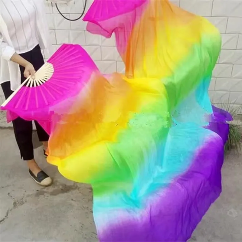 Fatto a mano in seta colorata bambù fiamma danza del ventre danza lunghi ventagli pieghevoli veli arcobaleno sfumato 120 cm 150 cm 180 cm professionale
