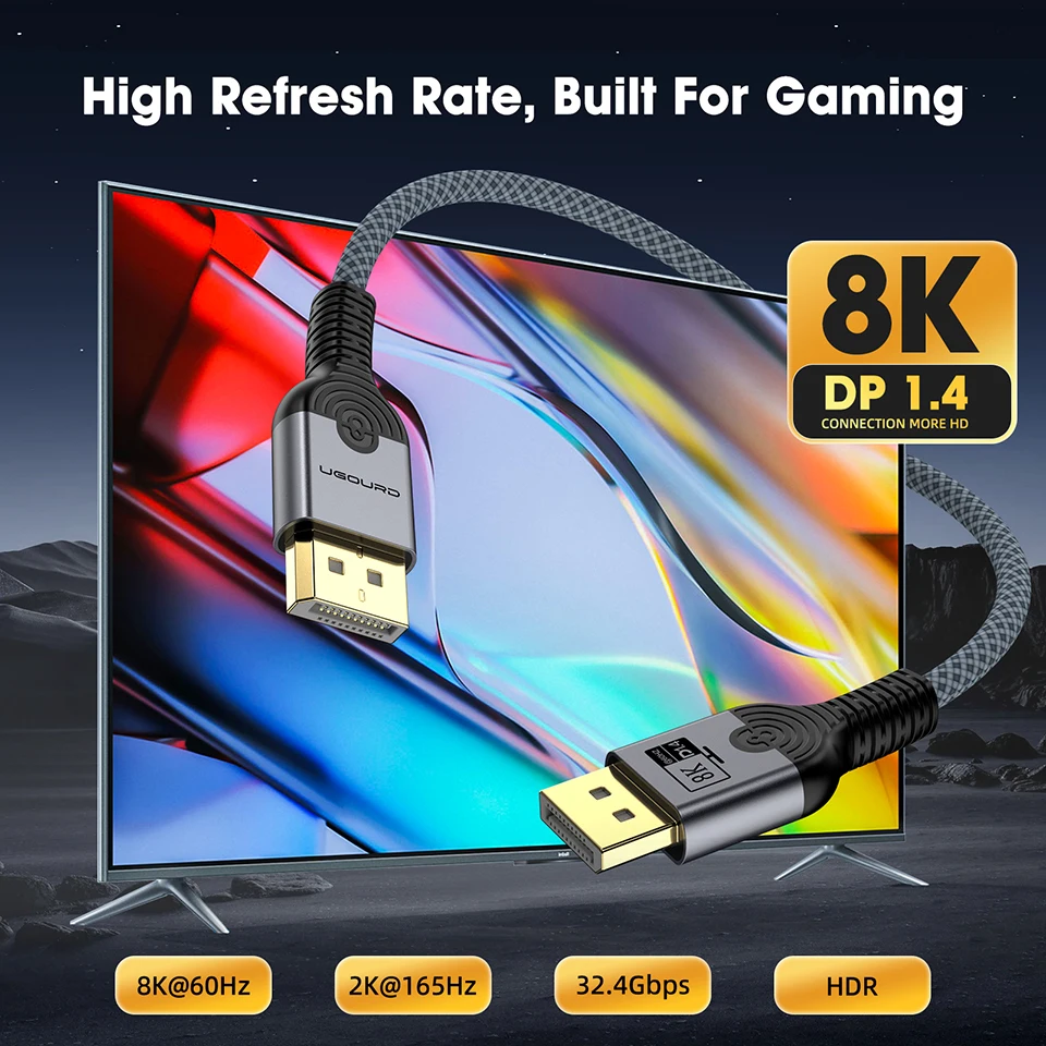 UGOURD DP1.4 Kabel 8K 60HZ DP 1.4 1.2 Kabel 4K 120HZ 144HZ UHD Ultra High Definition Video Displayport Kabel 3m 5m für Projektor – Detail 1
