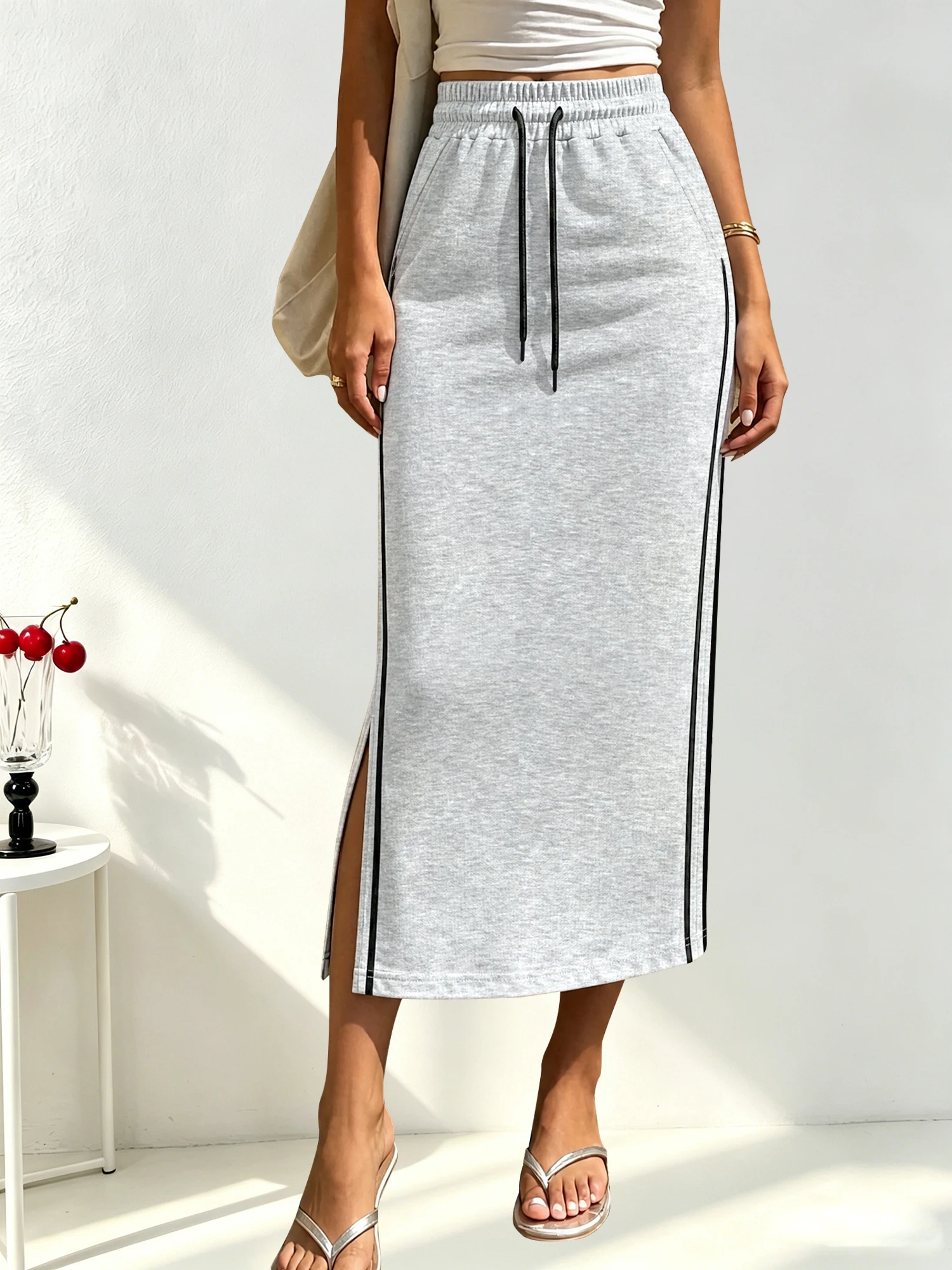 Side Pocket Jersey Long Skirt, Drawstring Elastic Waist, City Walks & Weekend Casual Gathering Attire