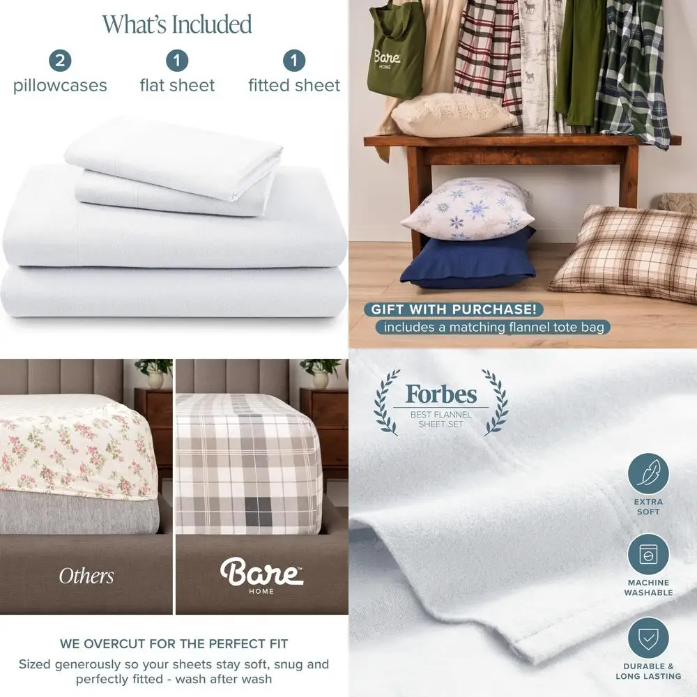 

King Size 100% Cotton Velvety Soft Heavyweight Double-Brushed Flannel Sheet Set with Deep Pockets, White