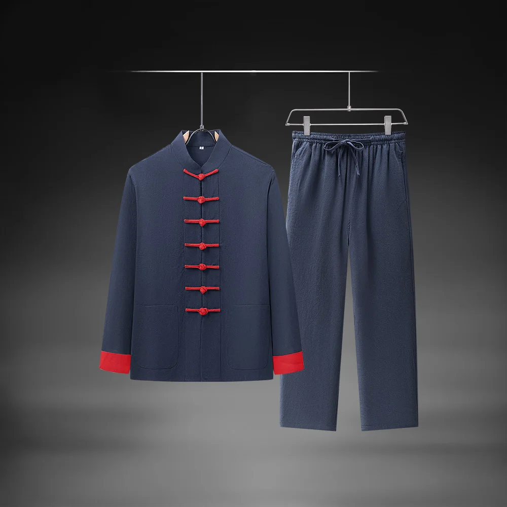 

New Spring/Summer Fashion Solid Color Cotton Linen Long Sleeve Shirt Set Men's Casual Loose Sports High Quality Two-Piece Set