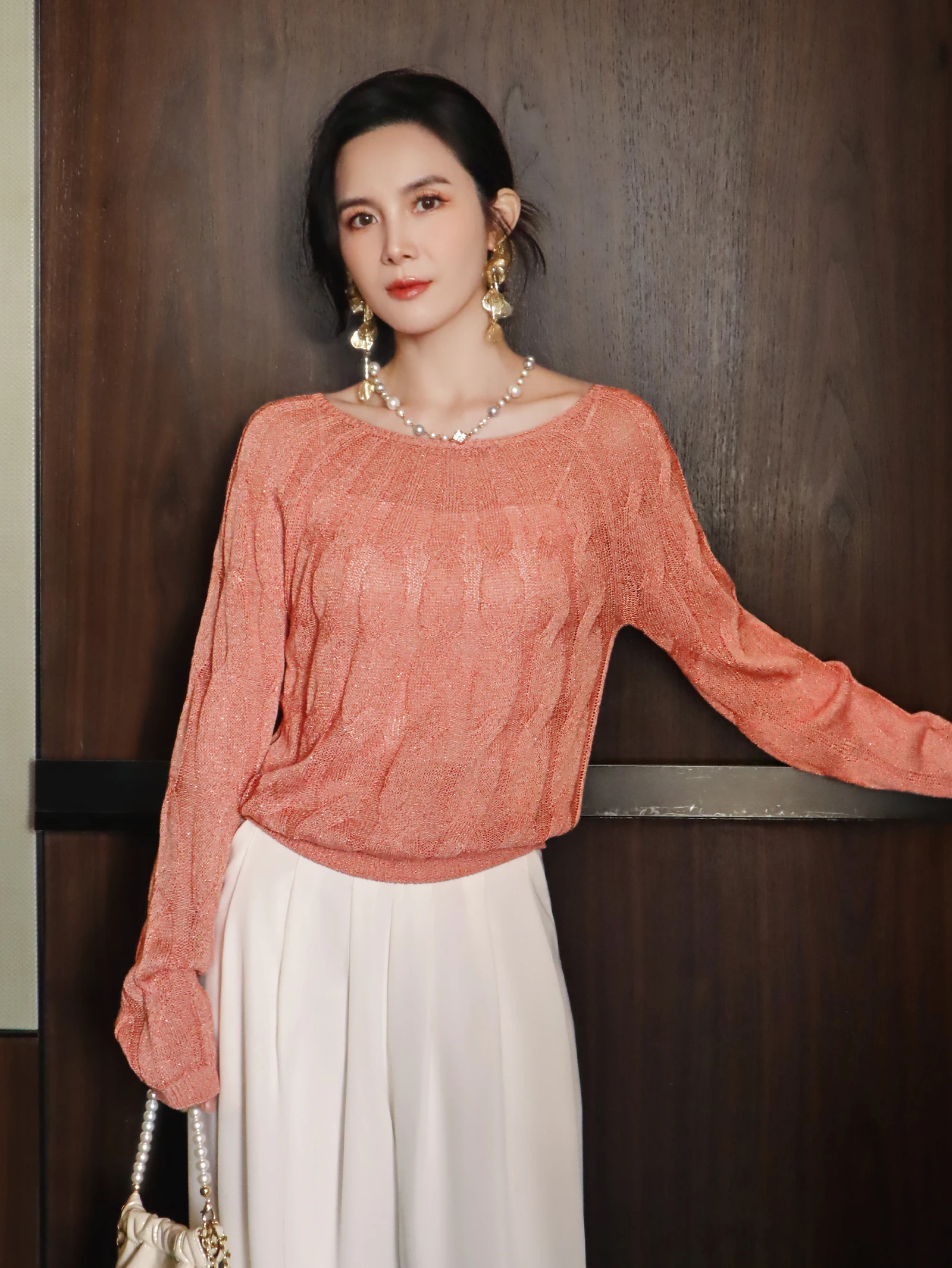 

Sweet Sle Long Sve Knitted Sweater Honey Orange Pink Twist Design Loose Fit Soft Comfortable Overhead Top for Women