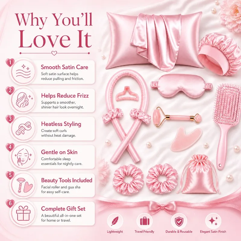 4/6/13-piece Silk Beauty Sleep Set, Including Hair Curler, Pillowcase, Hair Net, Eye Mask, Facial Roller and Storage Bag