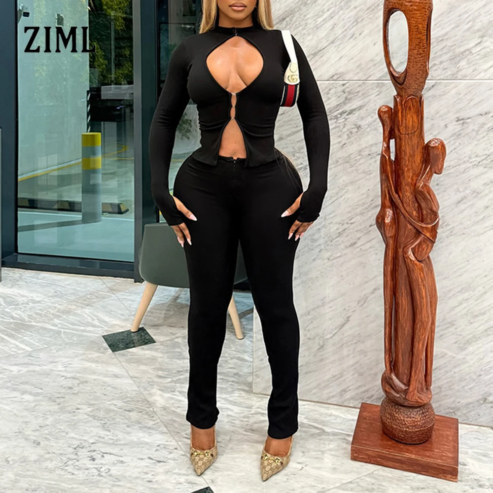 ZIML Set Dua Potong Solid Slim Fit Seksi Untuk Wanita Atasan Berlubang Lengan Panjang Leher Bulat Celana Pinggang Tinggi Set Chic Fashion Wanita