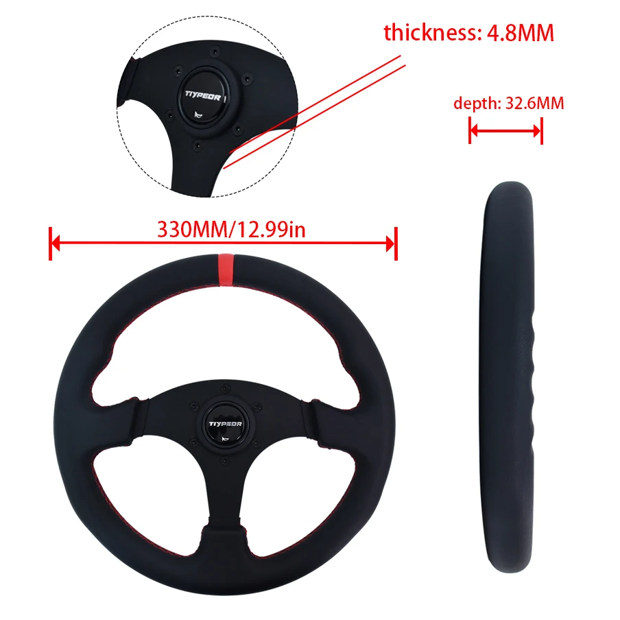 TIYPEOR High Quality 330mm Universal PVC Leather Red Reversing Connector Racing Modified Steering Wheel