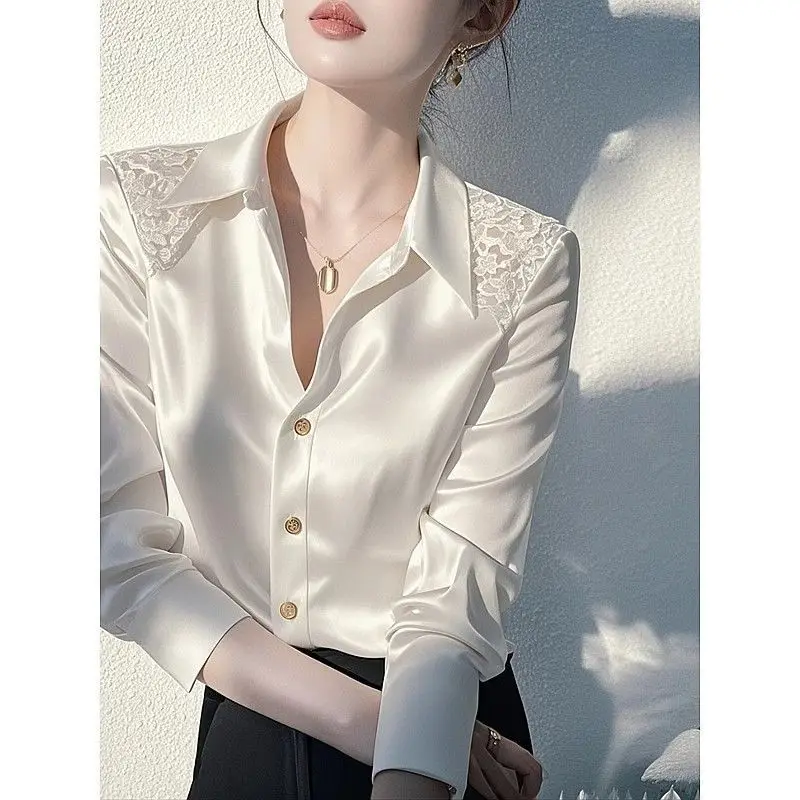 Lace trimmed Satin Blouse for Women Spring and Summer Design French Style